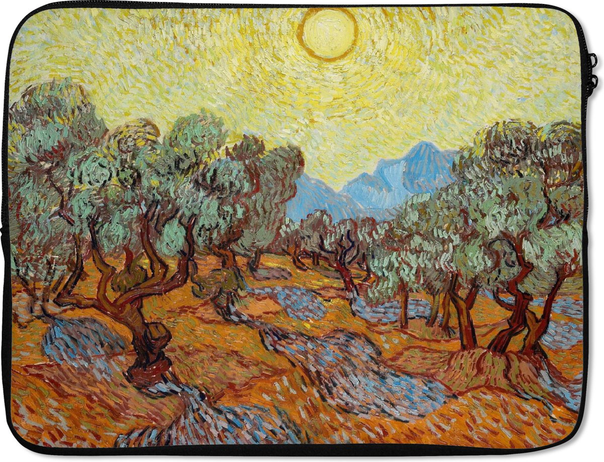 Laptophoes 15.6 inch - Olijfbomen met gele hemel en zon - Vincent van Gogh - Laptop sleeve - Binnenmaat 37x26 cm - Zwarte achterkant