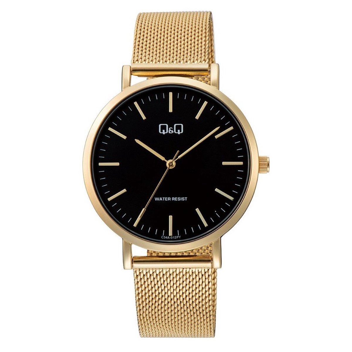 QQ C34A-012PY - Horloge - Analoog - Unisex - Milanese-Mesh stalen band - Rond - Metaal - Streepjes - Goudkleurig - Zwart