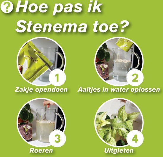 Stappenplan "Hoe pas ik Stenema toe?". Met vier cirkels die het oplossen van aaltjes in water tonen.