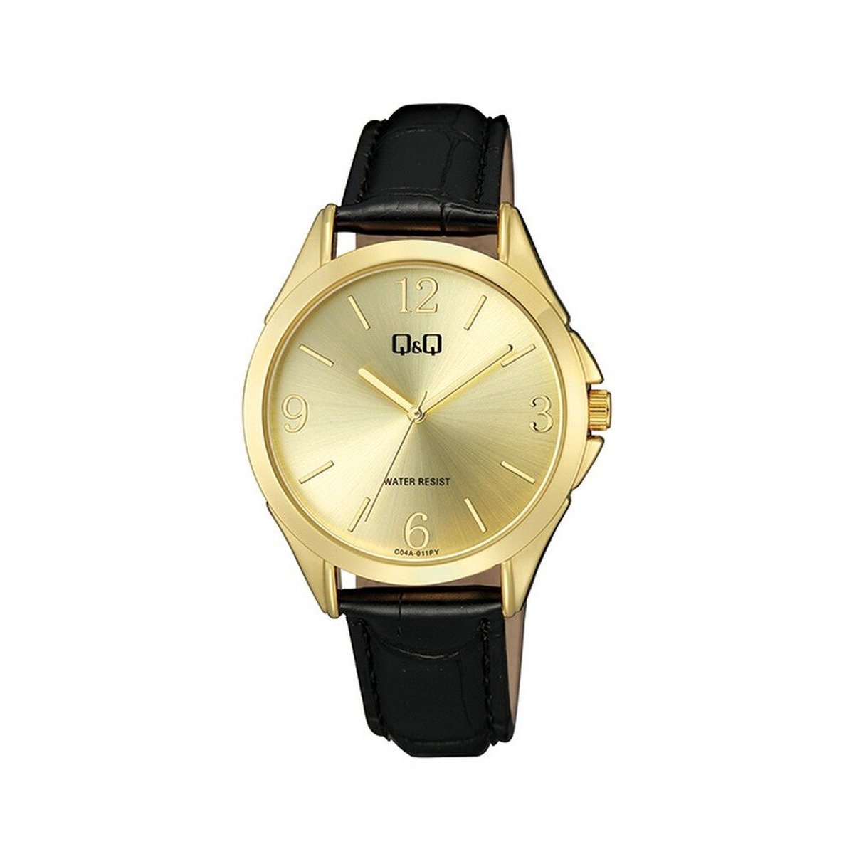 QQ C04A-011PY - Horloge - Vrouwen - Dames - Leren band - Rond - Metaal - Cijfers - Streepjes - Zwart - Goudkleurig