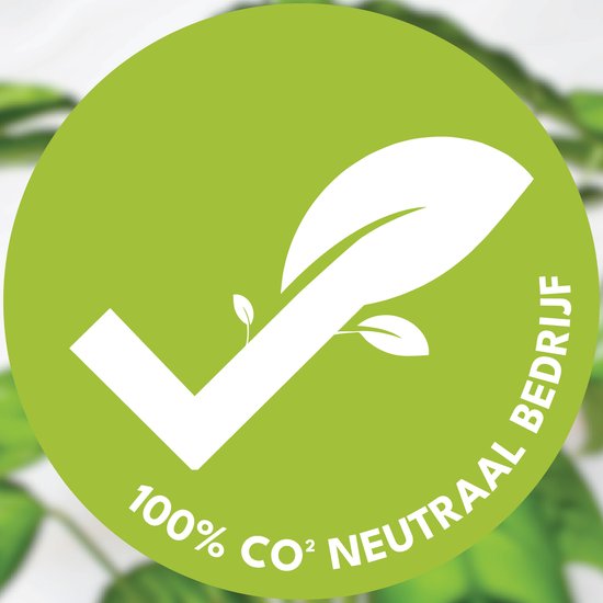 Groen logo met een wit vinkje en blaadjes. Tekst "100% CO2 NEUTRAAL BEDRIJF".