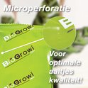 Groen zakje met logo "BioGrowi .com" en microperforaties. Tekst "Voor optimale kwaliteit!".