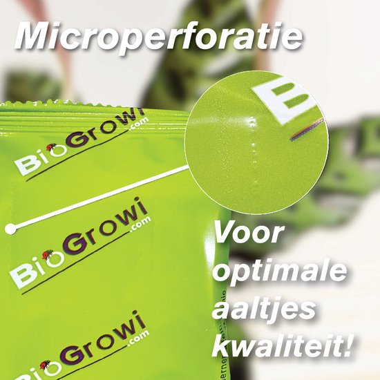 Groen zakje met logo "BioGrowi .com" en microperforaties. Tekst "Voor optimale kwaliteit!".
