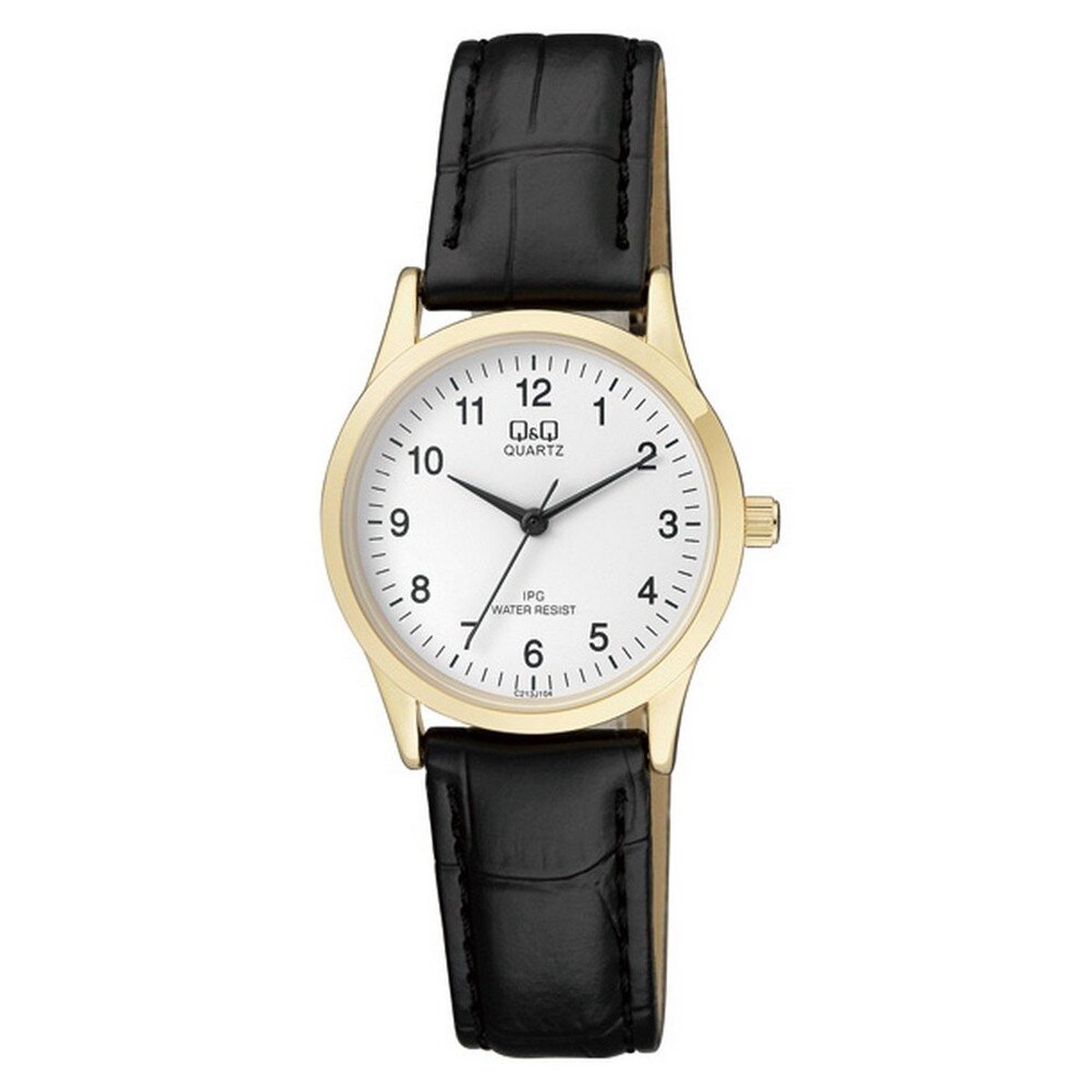 QQ C213J104Y - Horloge - Analoog - Vrouwen - Dames - Leren band - Rond - Staal - Cijfers - Zwart - Goudkleurig - Wit - 3 ATM