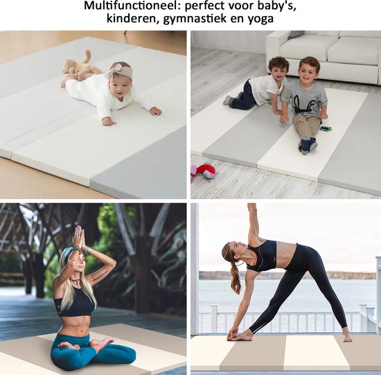 Collage van baby's en volwassenen op een gestreepte speelmat, ook voor yoga.