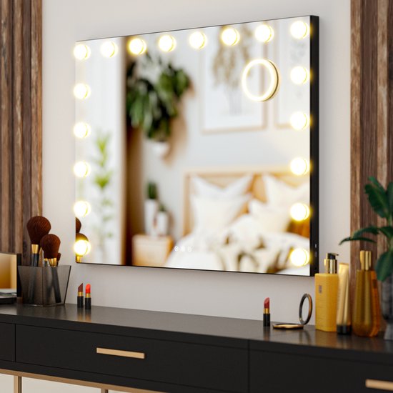 Mirlux Hollywood Spiegel 80x60CM - 2 Bluetooth Speakers - USB & USB-C Oplaadpoorten - LED Verlichting - Make Up Spiegels - 10x Zoom - Zwart