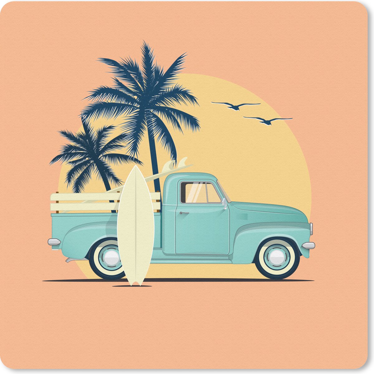 Muismat 20x20 cm - Mousepad Auto - Surfboard - Palmboom - Pastel - Muismatten