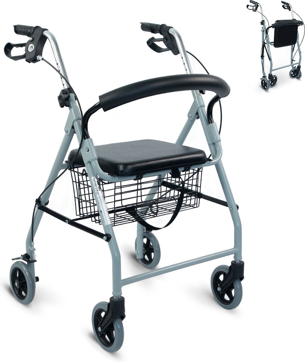 Goedkoopste Mobiclinic Alhambra - Rollator - Inklapbaar - Verstelbaar - Aluminium - Handgrepen met rem - Met mandje, zitje en rugleuning - 4 wielen