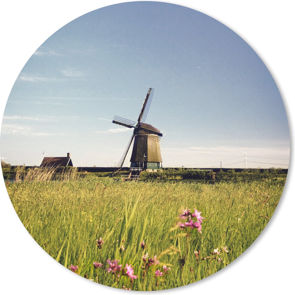 Muismat rond 40x40 cm - Mousepad Een molen met bloemen - Ronde muismatten