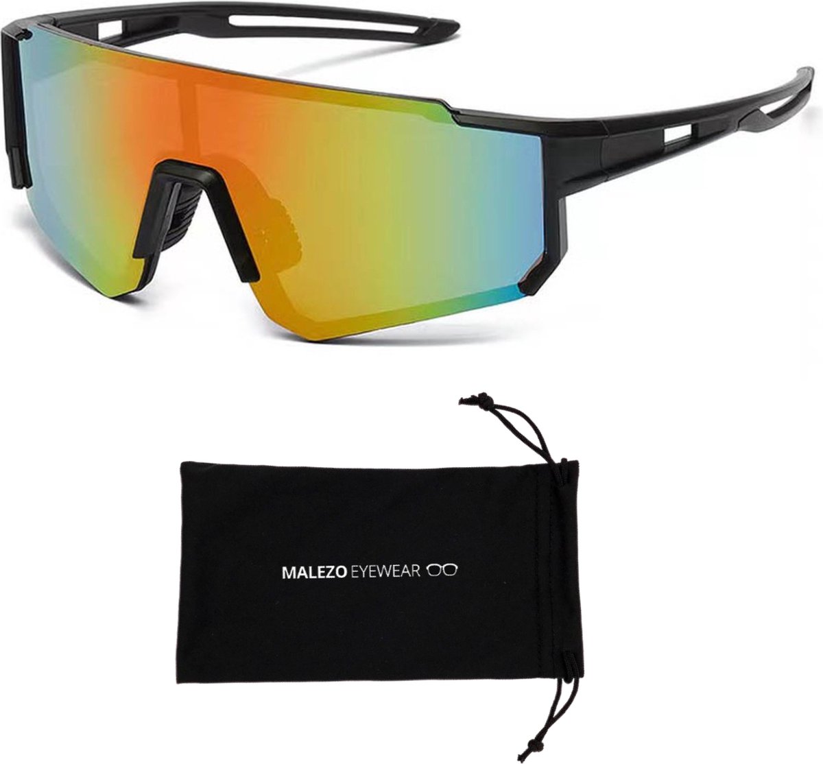Fietsbril - Sportbril - Festival bril - Rave bril - Voor heren en dames - Zwart met oranje/blauw/geel spiegelglas - Sportbrillen