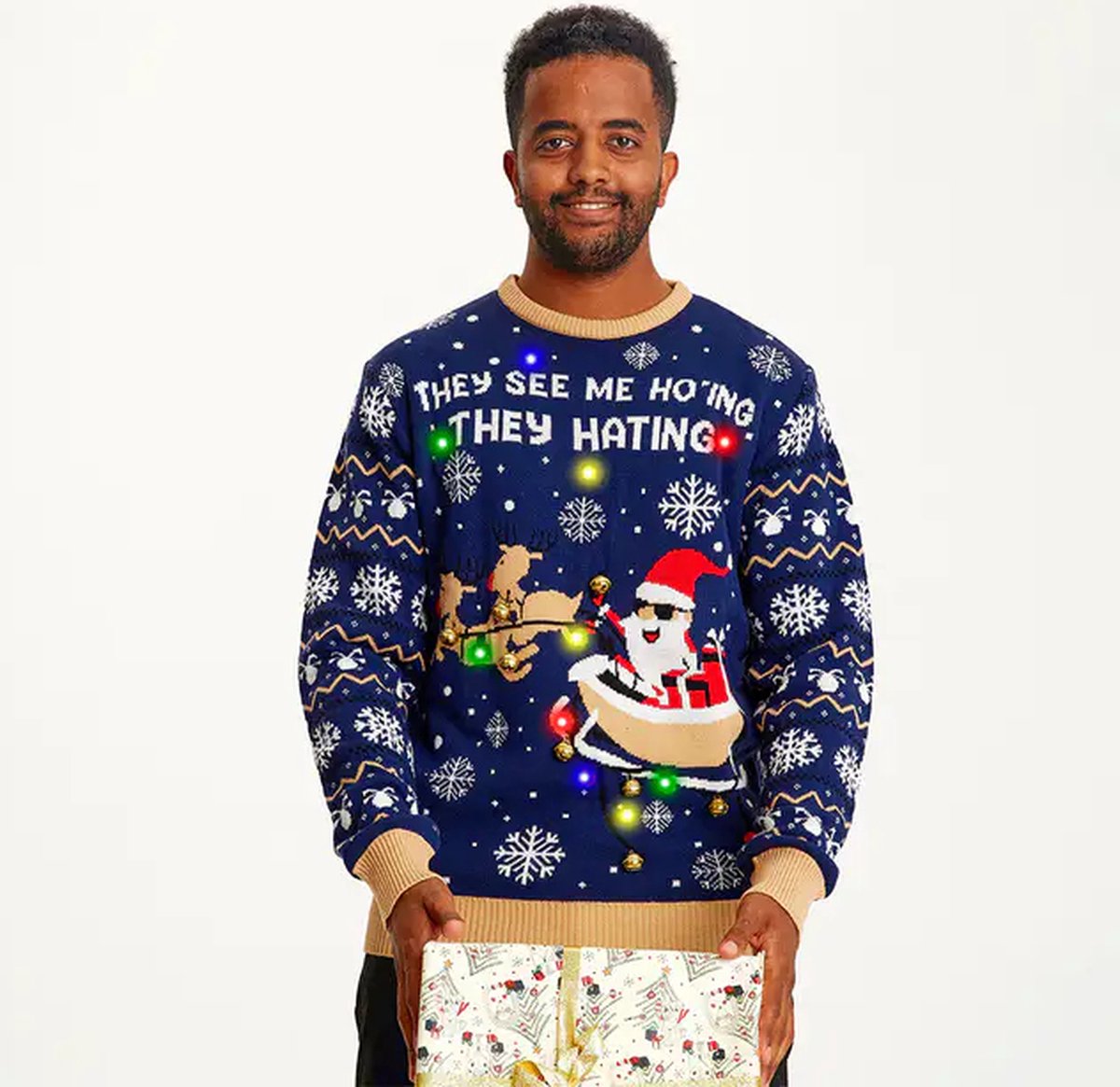 Foute Kersttrui met Lichtjes Dames & Heren - Lampjes - Christmas Sweater LED "The See me Ho'ing" Maat S
