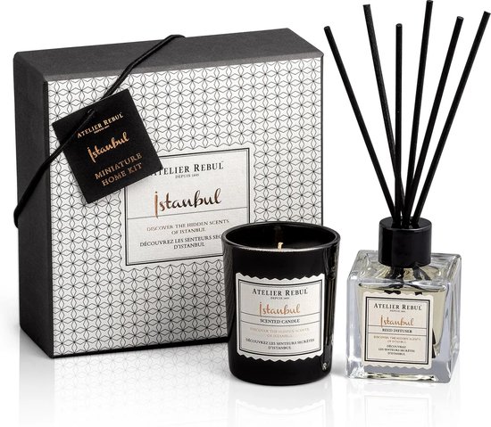 Atelier Rebul Istanbul - Luxury Mini Home Geschenkset - Geurstokjes (50ml) + Geurkaars (65g) - Houtige & Kruidige geur
