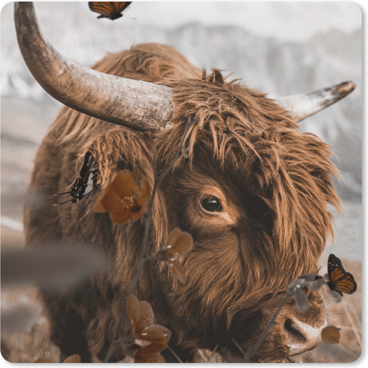 Muismat 20x20 cm - Mousepad Vlinders - Schotse hooglander - Bloemen - Muismatten