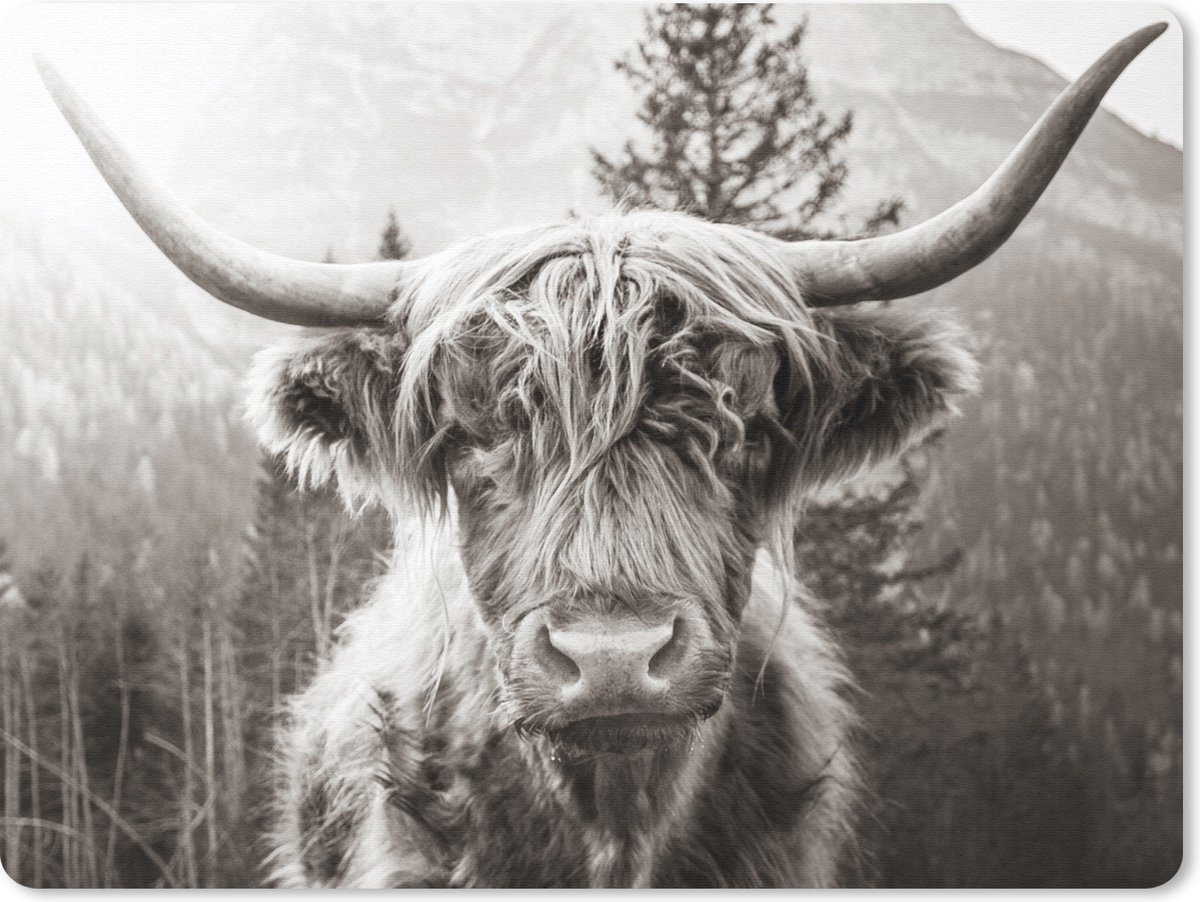 Muismat 23x19 cm - Mousepad Schotse hooglander - Koe - Dieren - Zwart - Wit - Muismatten