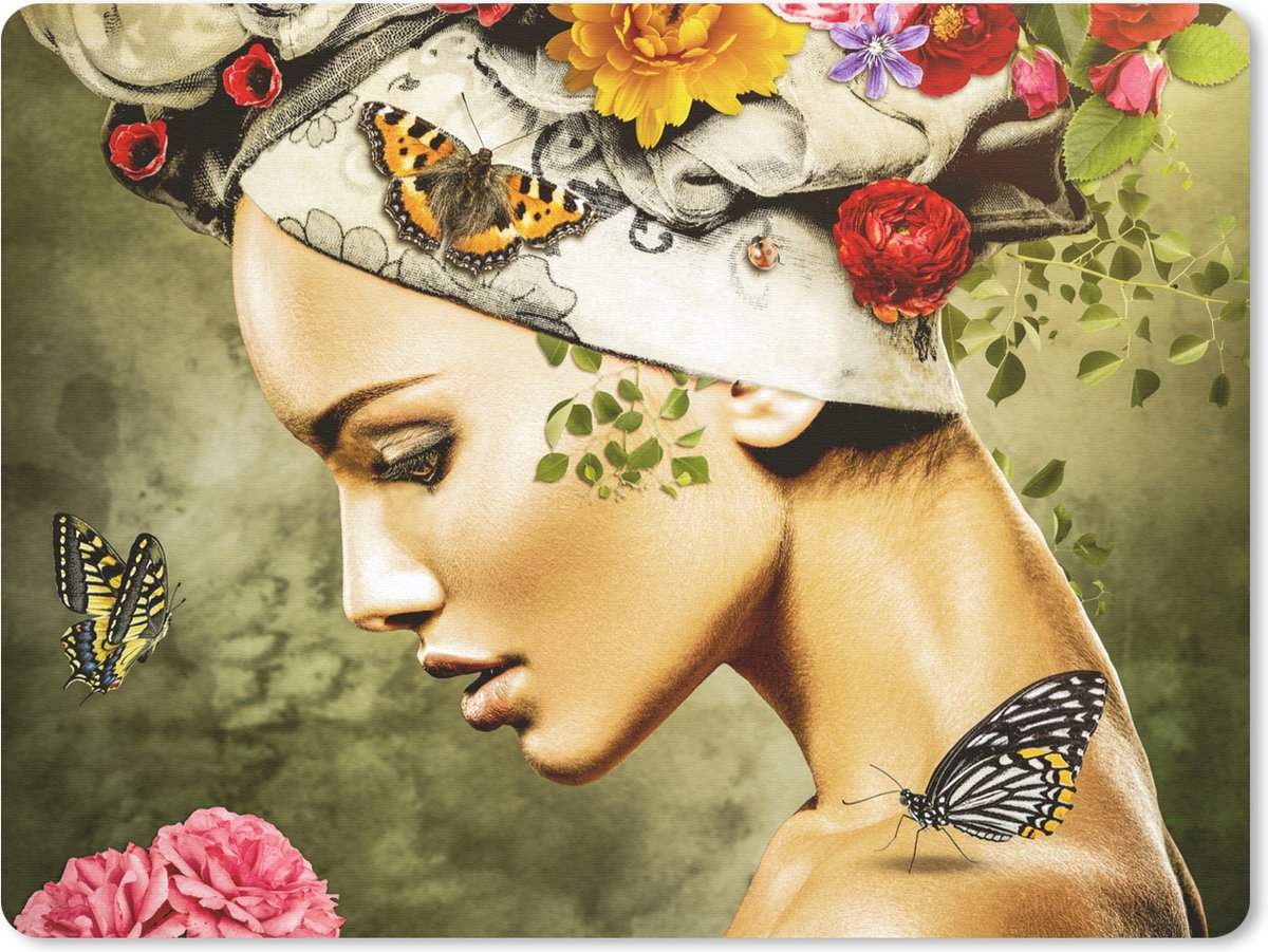 Muismat 23x19 cm - Mousepad Vrouw - Bloemen - Kleuren - Vlinders - Rozen - Hoofddoek - Muismatten