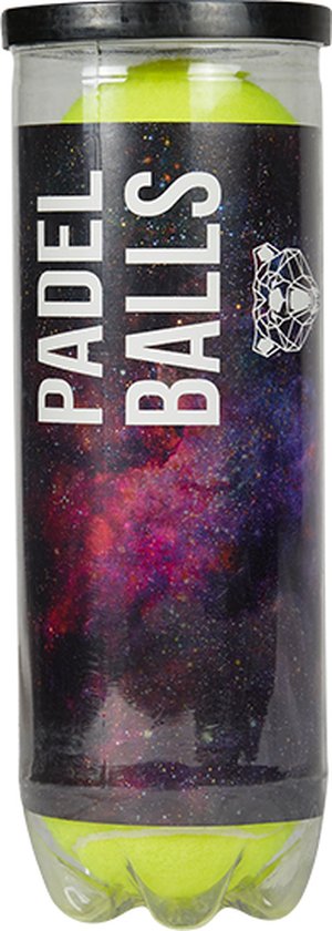 Een blik padelballen met space print, gevuld met gele padelballen, op een witte achtergrond.