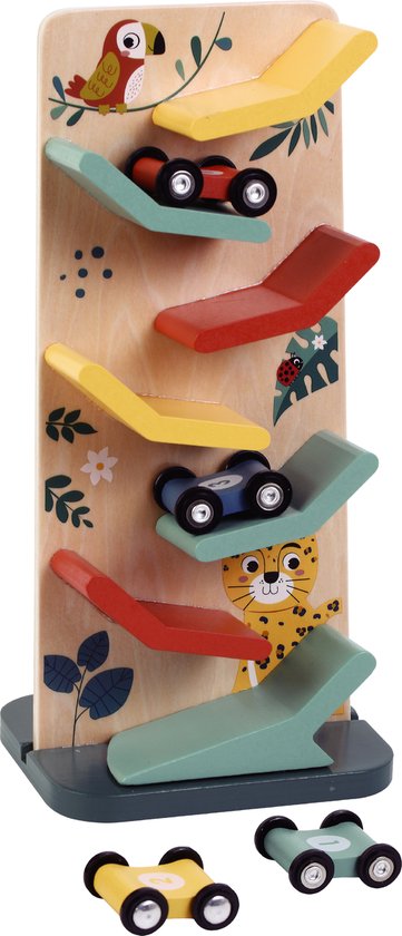 Houten autobaan met jungle-decoraties, papegaai en jaguar. Inclusief 4 gekleurde autootjes.
