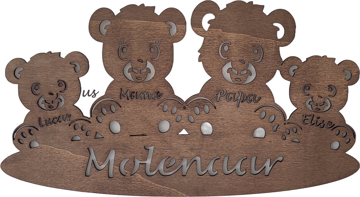 Goedkoopste Gepersonaliseerde houten beren familie - geboorte - kraam cadeau - naambord - 38x21cm - Palisander hout