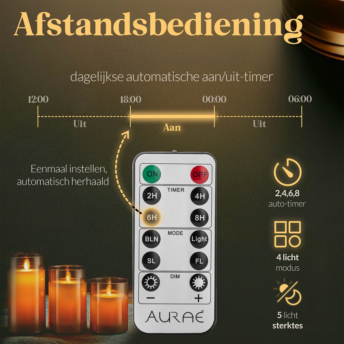 Aurae Led Kaarsen met Bewegende Vlam - 3x - Echte Wax - Afstandsbediening - 250+ Branduren - op Batterijen - Flikkerende Vlam - Timer - Kerst Kaarsen — cadeau in Wonen & Interieur - foto 2