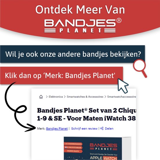 Screenshot van een webpagina met de tekst 'Ontdek Meer Van Bandjes Planet' en 'Klik dan op 'Merk: Bandjes Planet'.