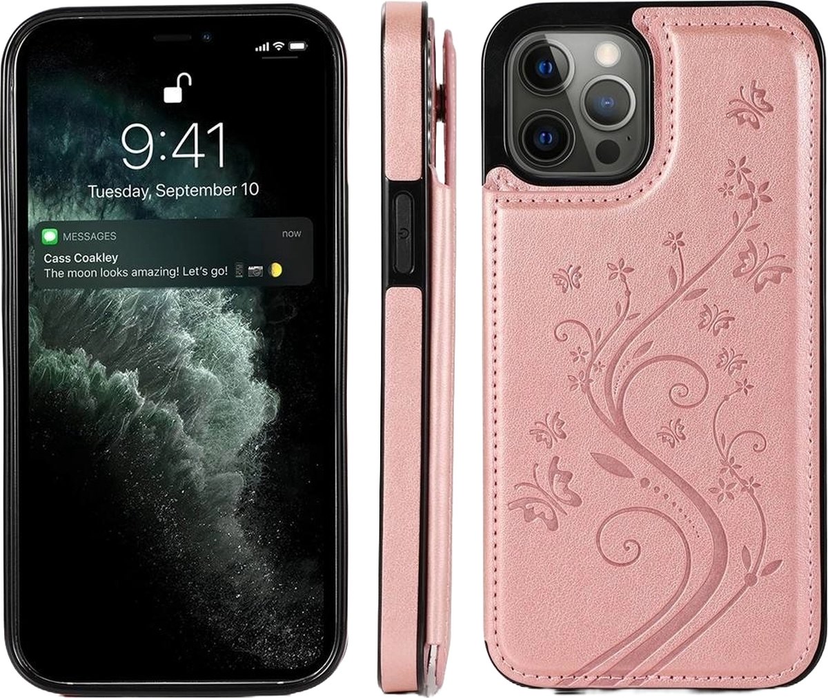 Hoesje geschikt voor iPhone 16 Plus - Backcover - Pasjeshouder - Portemonnee - Bloemenprint - Kunstleer - Rose Goud