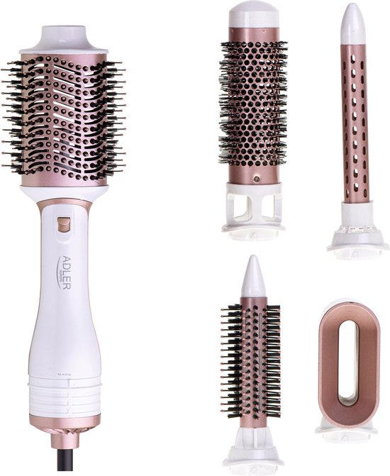 Witte en roségouden haarstyler met vijf opzetstukken: grote krulborstel, kleine krulborstel, stylingstang, concentrator en diffuser.