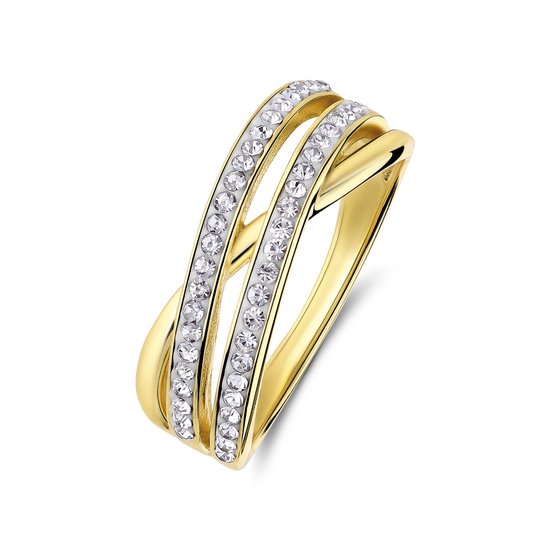 Bague dorée avec deux anneaux sertis de cristaux, sur fond blanc.