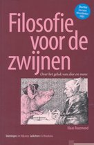 Boek met de titel "Filosofie voor de zwijnen". Een prent van een varken en een mens die aan een tafel zitten, de mens schrijft.