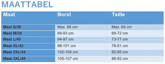 Maattabel met maten S/36 tot 3XL/46, borstomvang en taille.