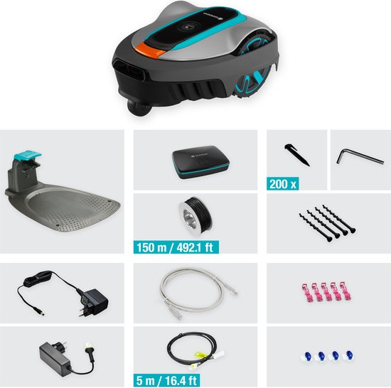 Grijze robotmaaier met blauwe accenten en diverse accessoires.