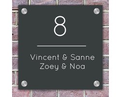 Naambordje voordeur vierkant grijs strak - 15x15 cm - Naambordjes Huis - Huisnummerbord - Bordje nummer - Huisnummer - Incl. Bevestigingsset + RVS afstandhouders