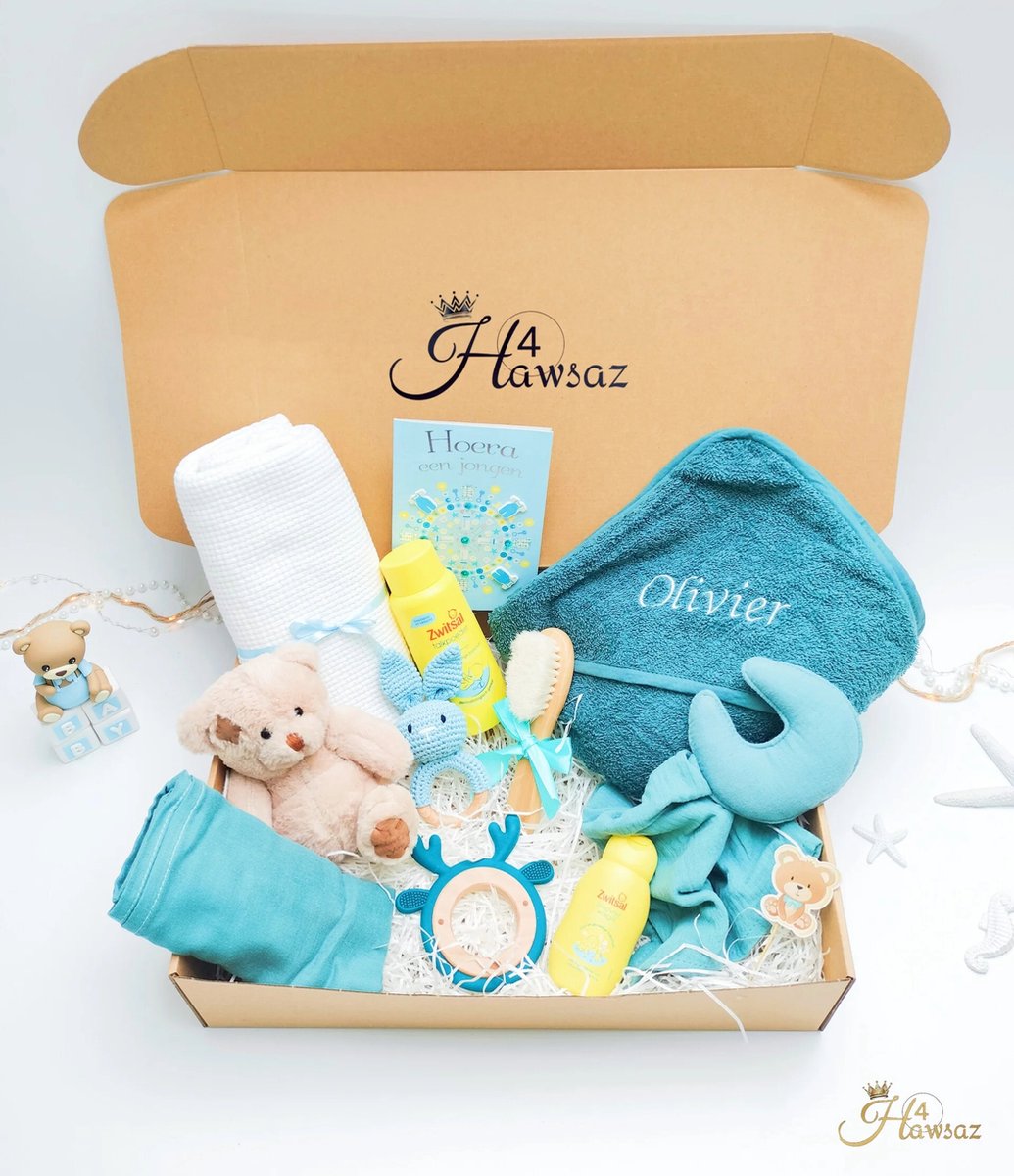 Goedkoopste Gepersonaliseerde kraamcadeaus voor jongen - Hawsaz.nl cadeau - Babygeschenksets 11 stuks Blauw - Geboortecadeau - babyshower - Babyset - Babydeken - Baby knuffel - Babykado - Baby geschenk - baby speelgoed - Babyverzorging - Badcape - Zwitsal