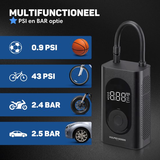 Vulpes Goods® Tech - Draagbare Compressor Bandenpomp - 6400mAh - Elektrische Fietspomp - Luchtcompressor voor Auto, Scooter, Fiets, Bal en Luchtbed - Incl. 7 opzetstukken - Zaklamp - Powerbank - Reiskoffer - PRO — afbeelding 4
