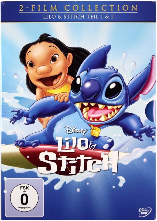Lilo & Stitch 2-filmcollectie, Lilo en Stitch die op een surfboard surfen, met blauwe achtergrond en watergolven.