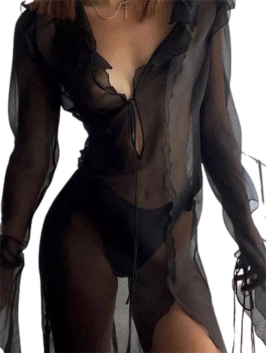 Goedkoopste Transparante cover-up jurk - Strand - Zomder - V-split - Lange mouwen - Sexy