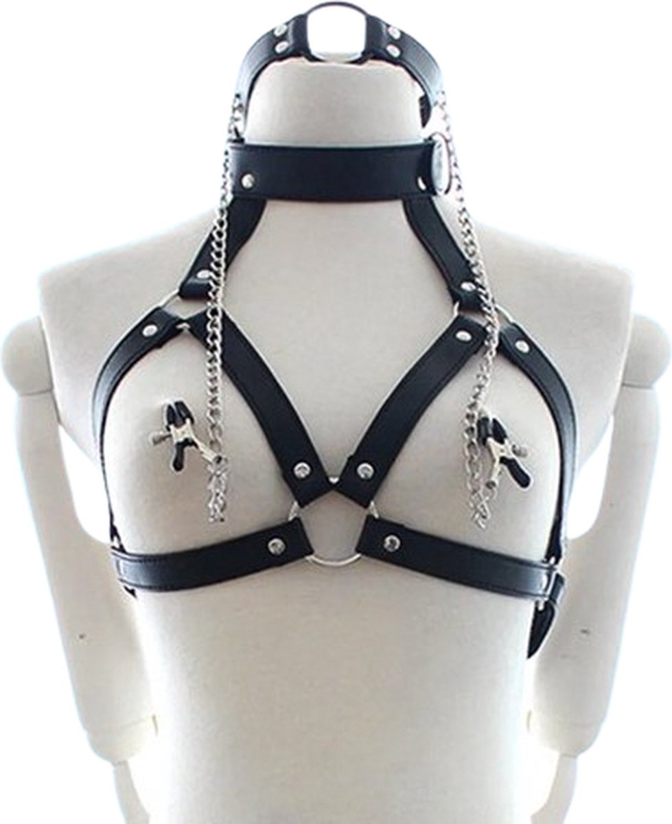 Goedkoopste 4-delige lederen bondage set - BDSM - Gag - Choker - Harnas - Tepelklemmen - SM - One size - Goede kwaliteit