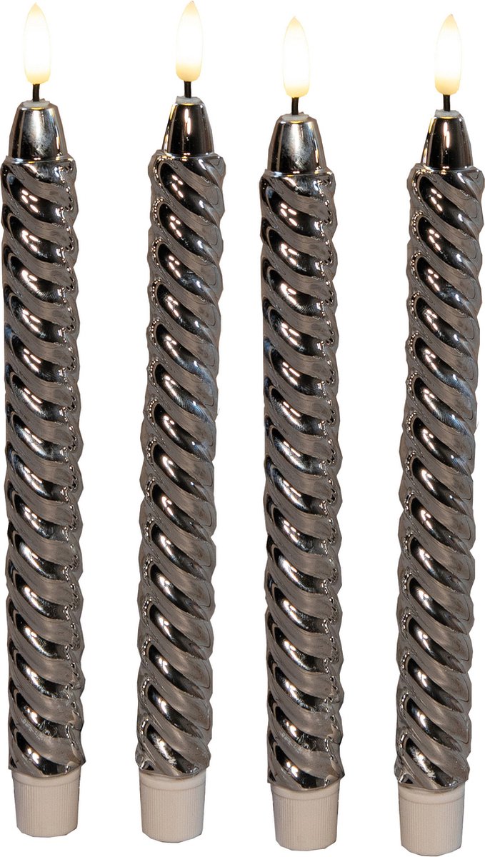 Anna's Collection LED dinerkaarsen - 4x st - zilver - glimmend - 25 cm - swirl - 3D vlam