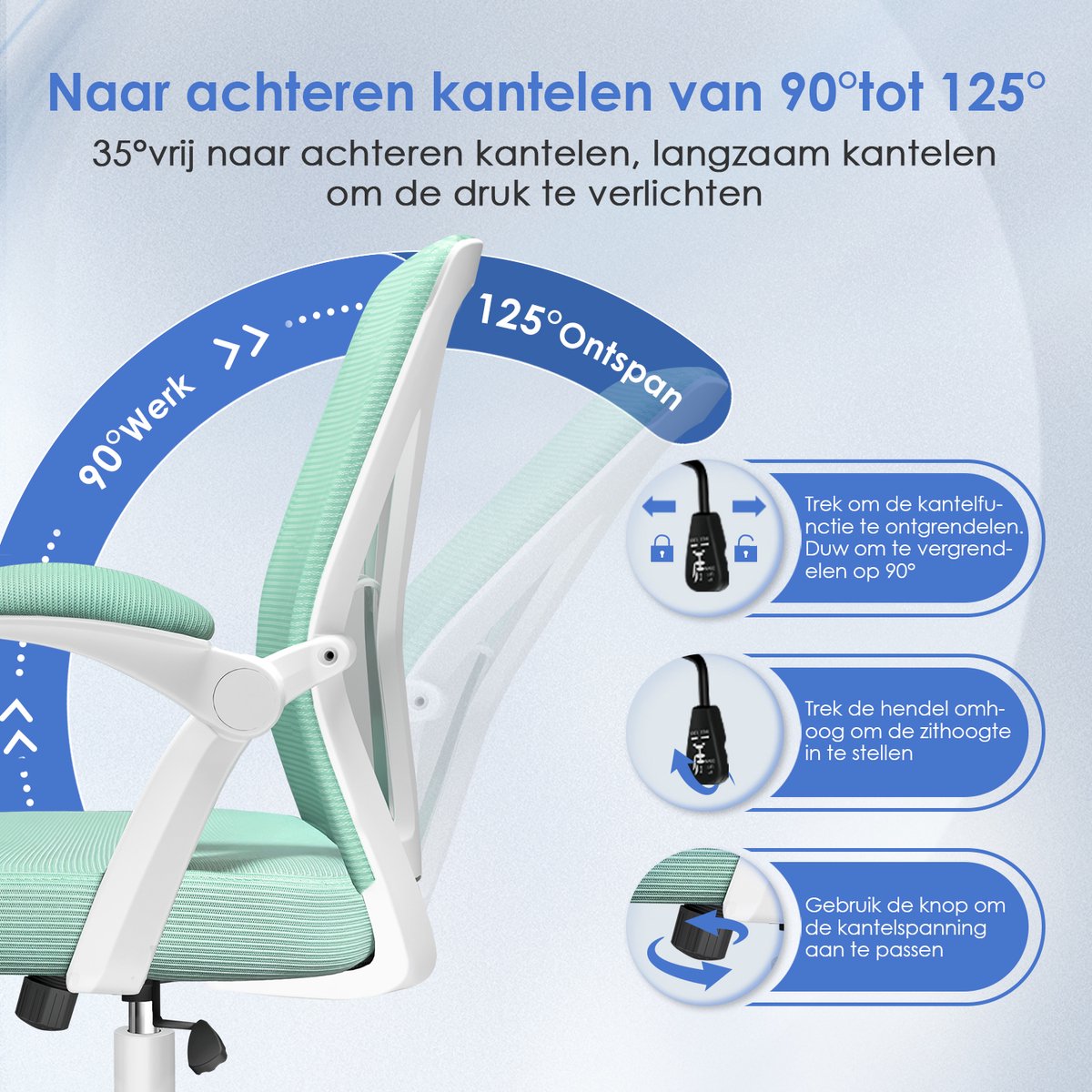 Elekiatech Ergonomische Bureaustoel - Bureaustoel - Opklapbare Armleuningen - Bureaustoelen voor Volwassenen - 150 Kg - Blauwgroen thumbnail 2