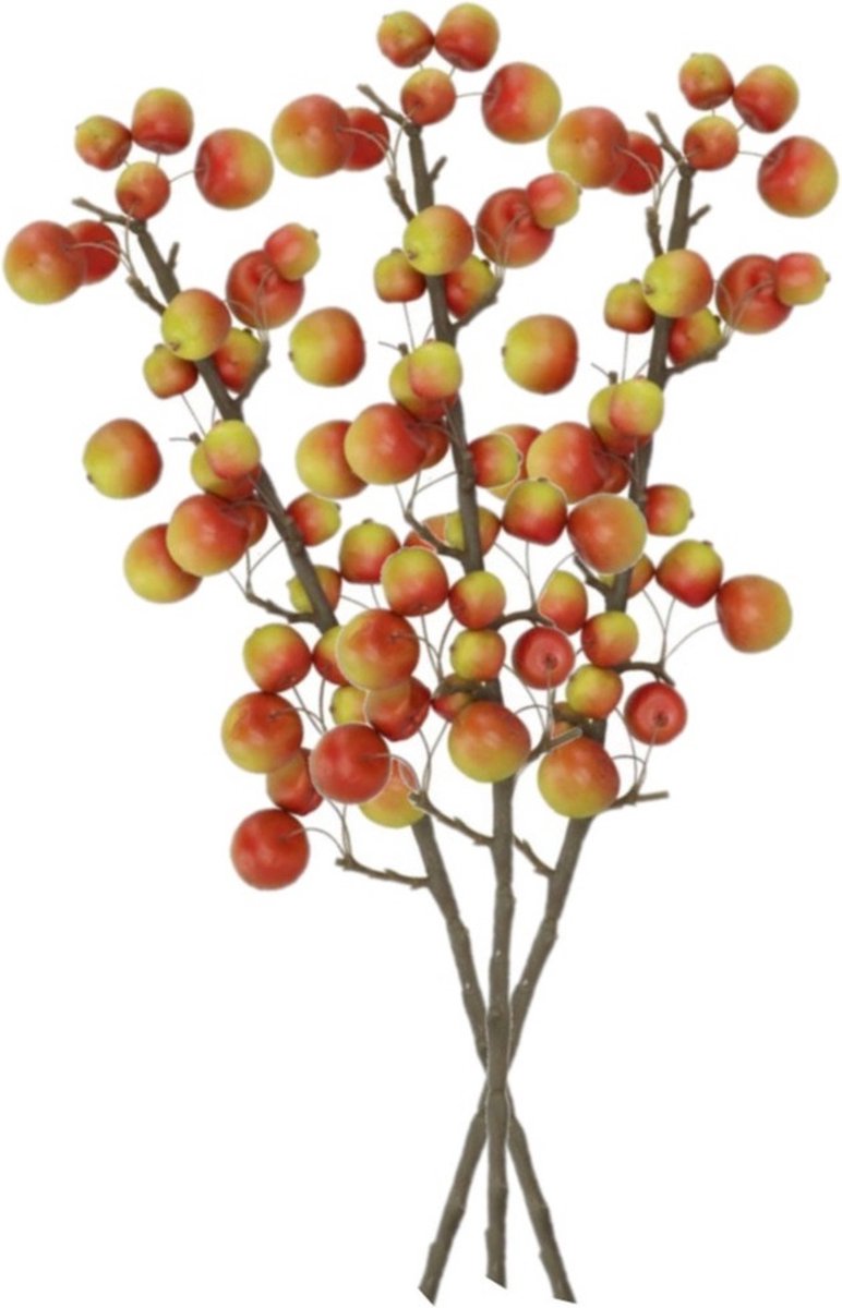 DK design Kunstbloem fruit tak met appels - 3x - 66 cm - rood/groen - Kunst zijdebloemen - herfst takken Multi