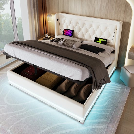 Sweiko Lit Oreiller Doux Lit Simple 160x200 cm, Lit de Rangement Hydraulique en PU Wit , Tête d'oreiller Douce avec Fonction de Chargement USB Type-C , Fonction LED 3 Côtés (Geen de Matelas)