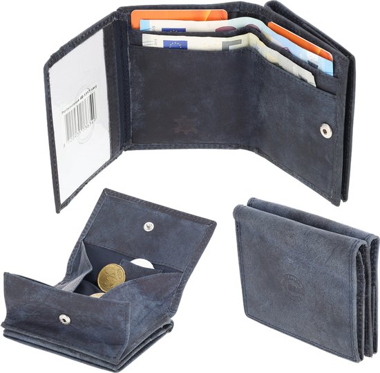 Collage van een donkerblauwe portemonnee: open met pasjes en geld, open muntvak en gesloten portemonnee.