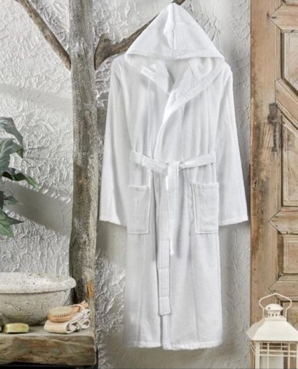 Badjas LARGE-MET CAPUCHON VAN ZACHTE VELOURSBADSTOF - BADJAS- LARGE-WIT