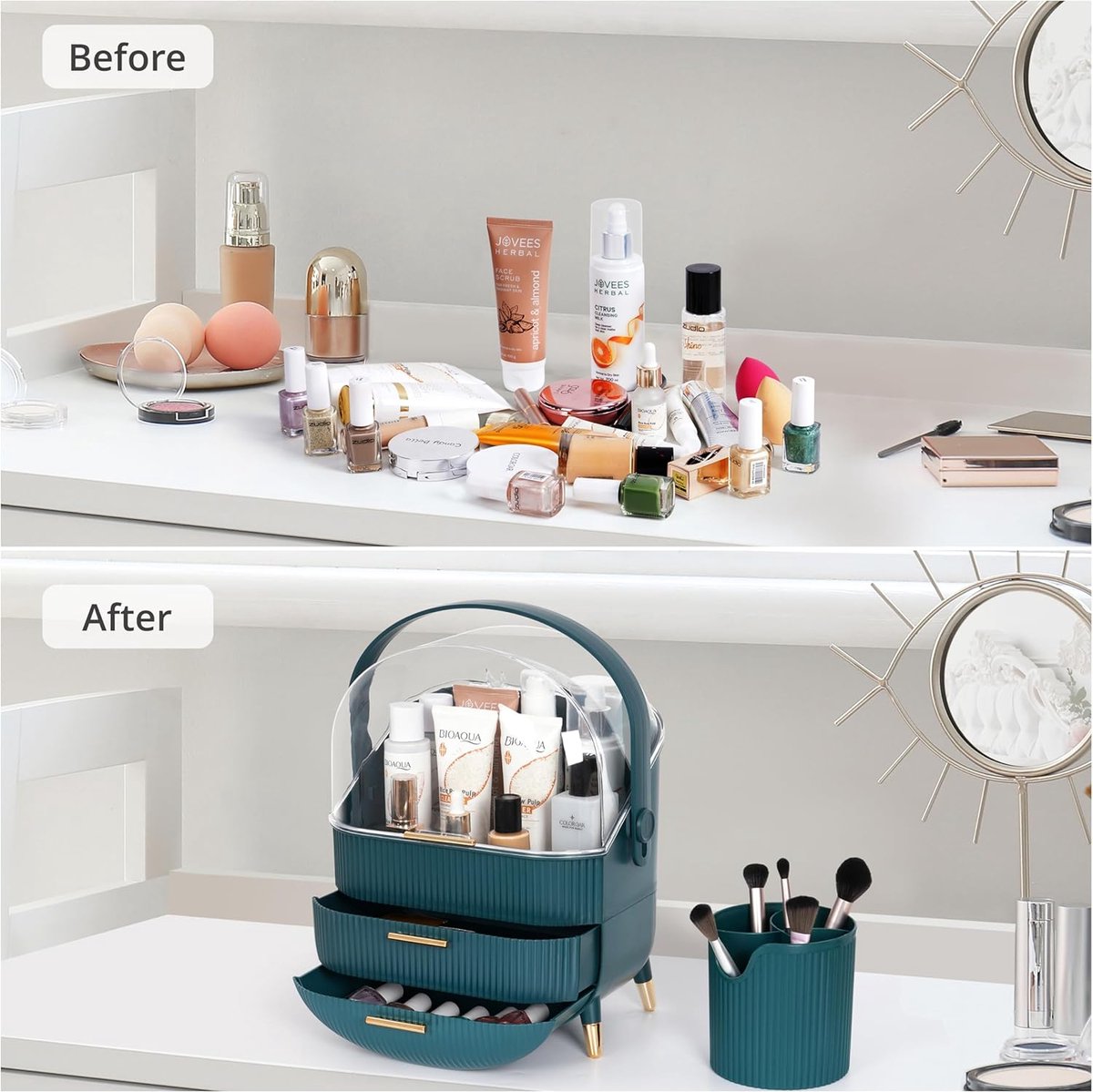 Wintergroene Make-Up Organiser met Pinselopslag en Transparante Deksel