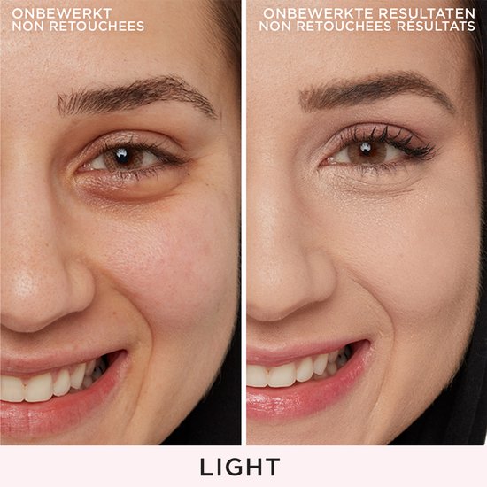 Vergelijking van voor en na met "Bye Bye Under Eye" concealer op een model. Links onbewerkt, rechts met "light" kleur.