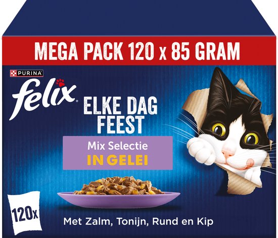 Foto: Felix elke dag feest mix selectie in gelei kattenvoer natvoer zalm tonijn rund kip 120 x 85 g