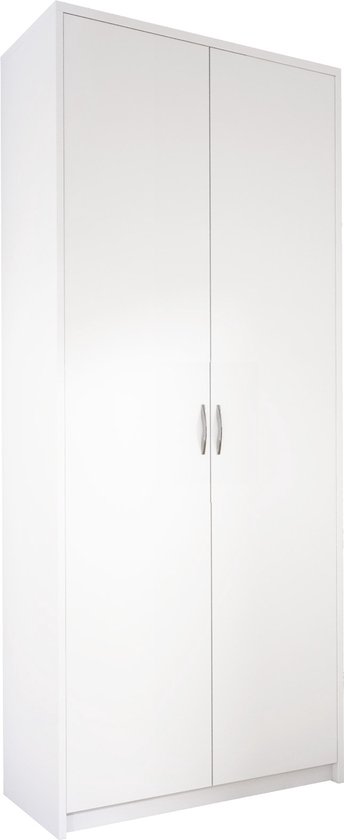 Gesloten witte kledingkast met twee deuren en zilveren handgrepen.
