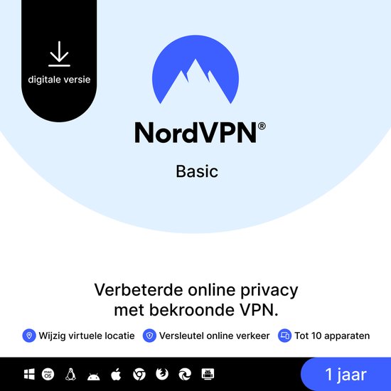 NordVPN Basic - 1 jaar - Premium VPN-service voor maximaal 10 apparaten - PC & Telefoon Download