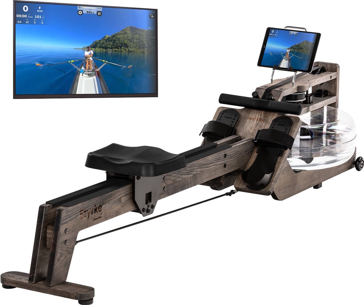 Skandika Styrke Waterroeitrainer – Roeitrainers – Roeiapparaat Fitness – Ontworpen en Gemaakt in Duitsland, roeier van hout, Kinomap app functie – Max. Gebruikersgewicht 180 kg – 211 x 54 x 68 cm (LxBxH) - Made in Germany - zwart hout/zwart