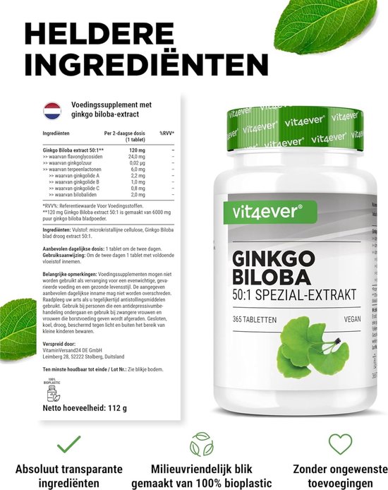 Vit4ever Ginkgo Biloba 365 tabletten met "Heldere Ingrediënten" en productinformatie.