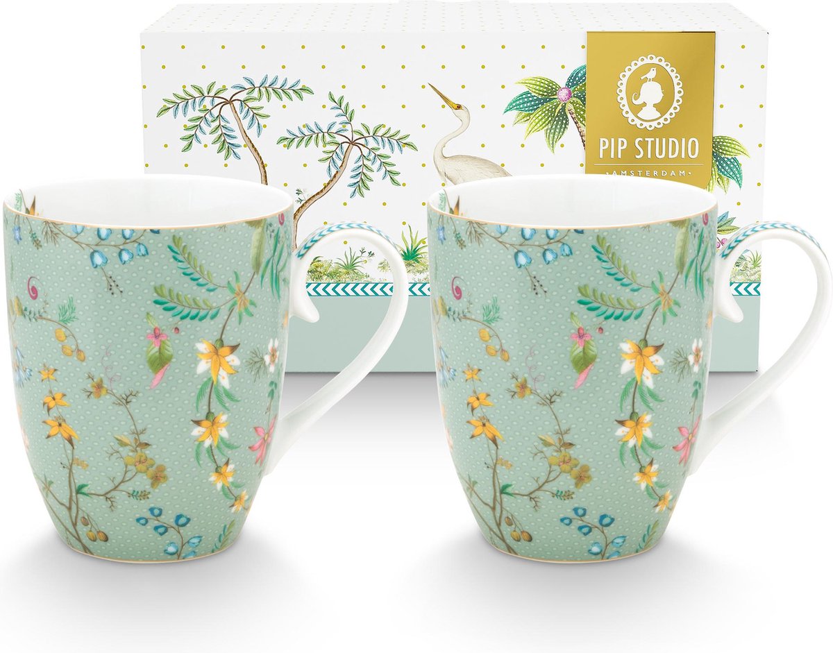 Pip Studio Set van 2 grote mokken Jolie Flowers Blue - 350ml - Groene mokken set